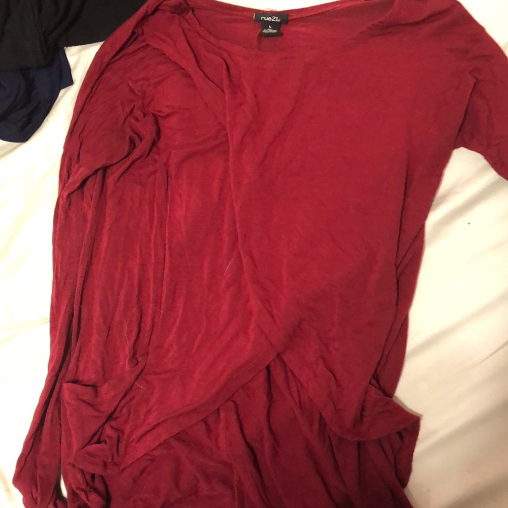 Red long sleeve tee that crosses in the front